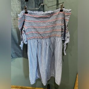 Blue and white striped off the shoulder mid length dress